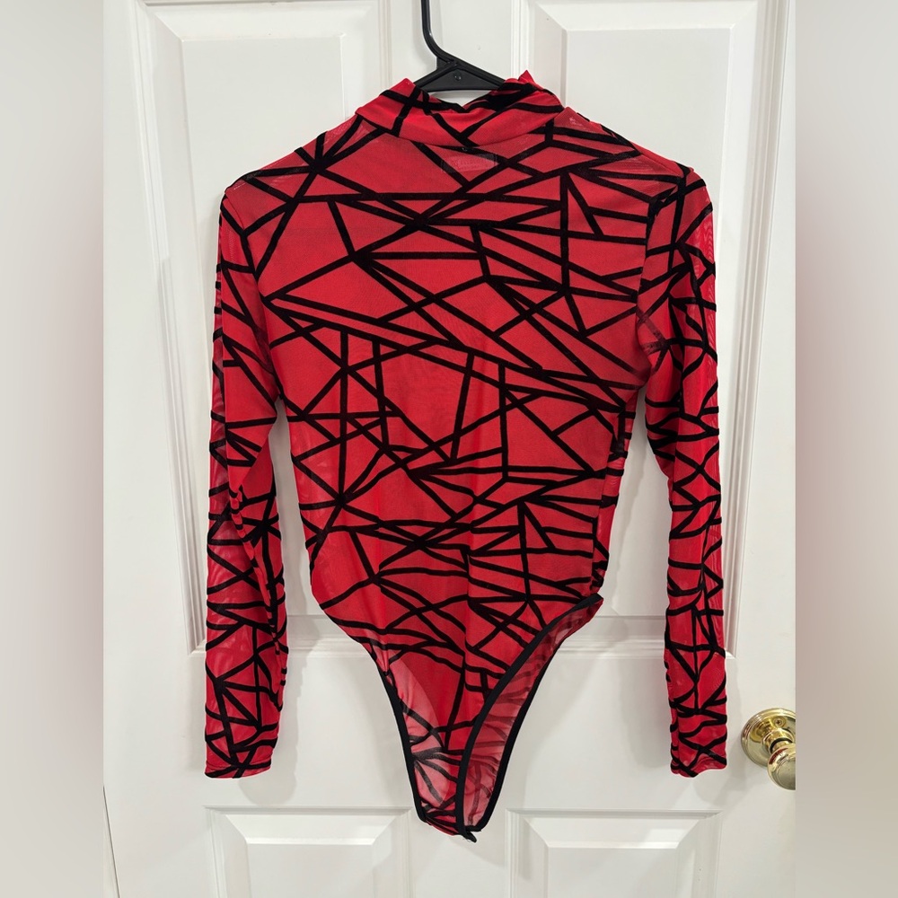 Red Geometric Long-Sleeve Bodysuit
